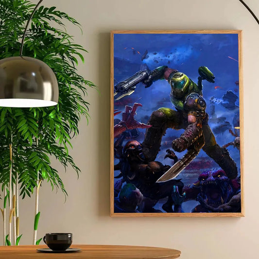 DOOM Eternal Poster – Slayer Battling Demons in Apocalyptic